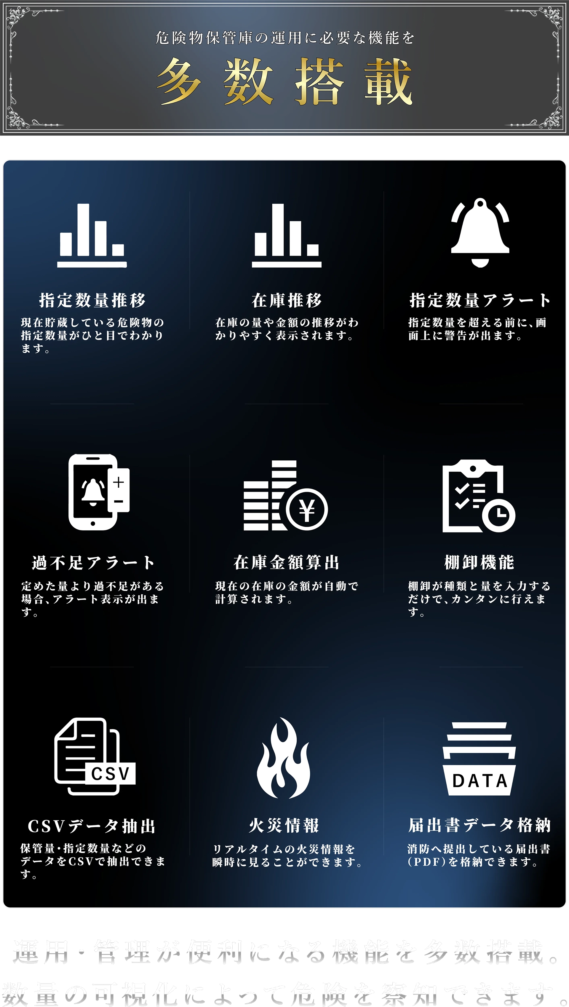 運用・管理が便利になる機能を多数搭載。数量の可視化によって危険を回避できます。
